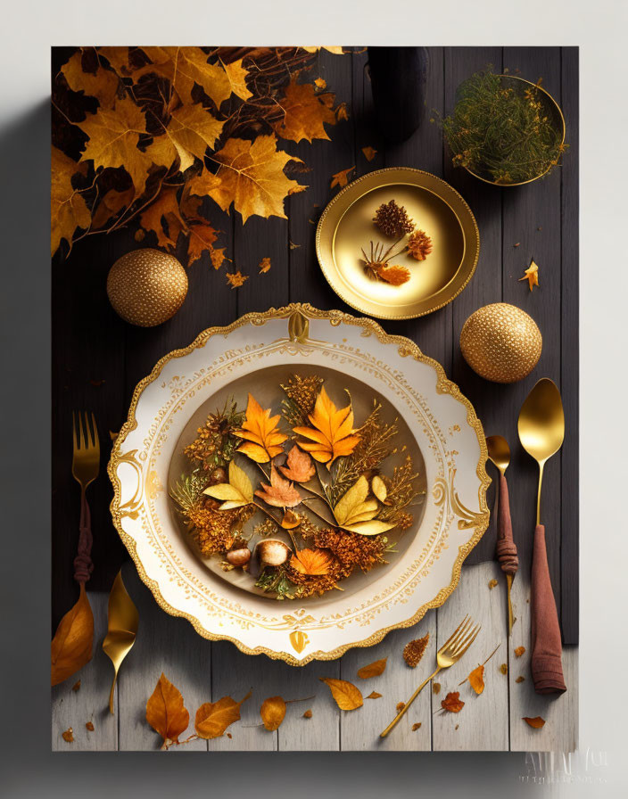 Golden Utensils and Fall Decor on Autumn Table Setting