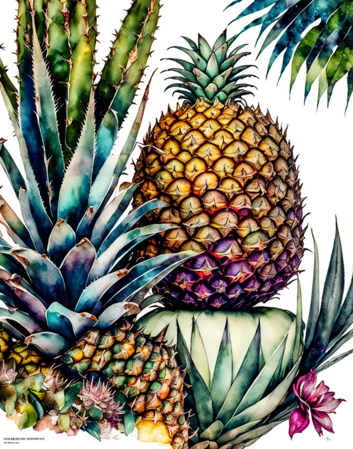 Colorful Watercolor Illustration of Pineapple and Tropical Plants