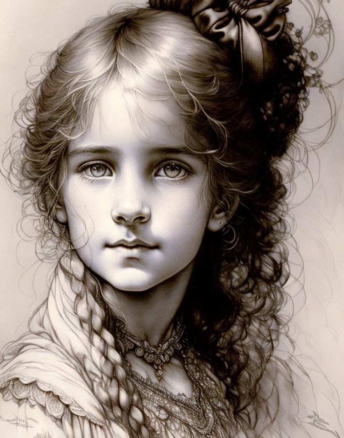 Detailed greyscale pencil drawing of young girl with curly hair, lace collar, bow, and intricate necklace