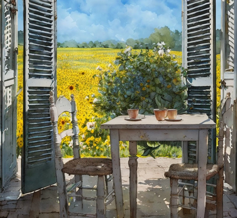 Sunflower Field View from Open Window with Blue Shutters