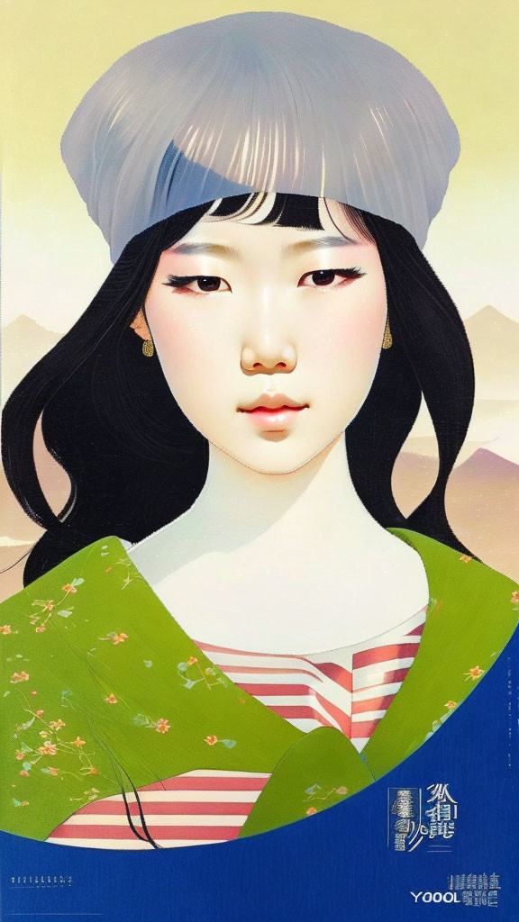 Illustration of pale-skinned woman in green traditional attire against mountain backdrop