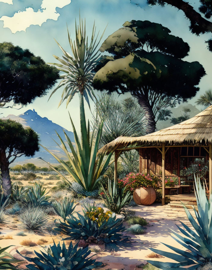 Tranquil oasis with straw-roofed hut, lush plants, agave, and distant mountains