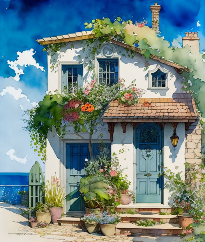 Blue Door Two-Story House with Climbing Flowers