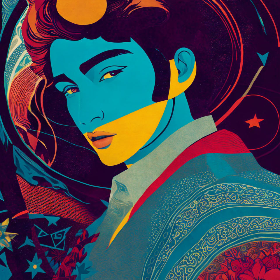 Colorful artwork of a blue-skinned figure with red hair and yellow stripe in cosmic setting