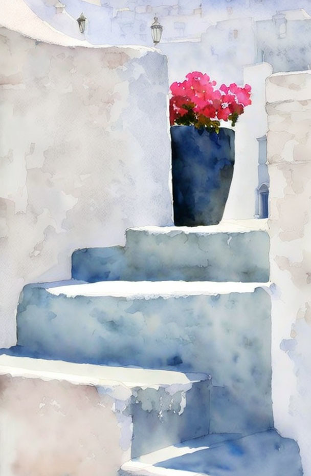 Sunlit steps with pink flowers in watercolor painting