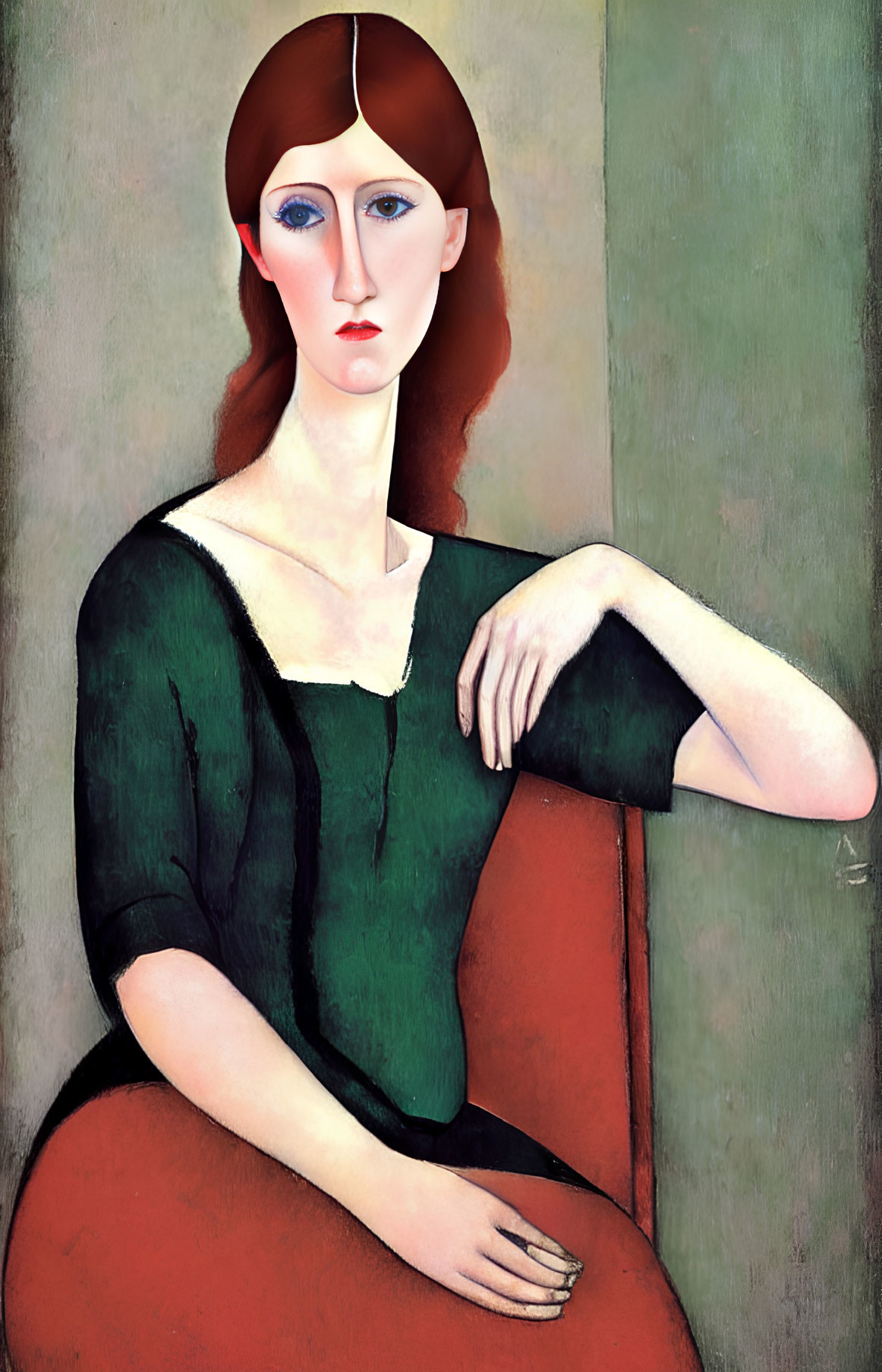 Portrait of Seated Woman with Red Hair in Green Dress