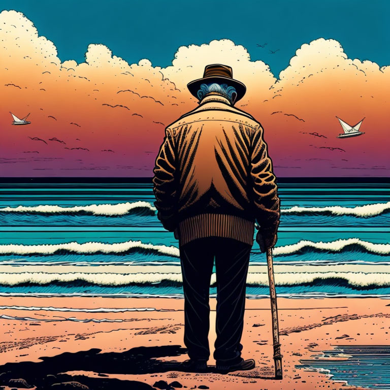 Elderly person with hat and cane on beach gazes at sea under orange clouds