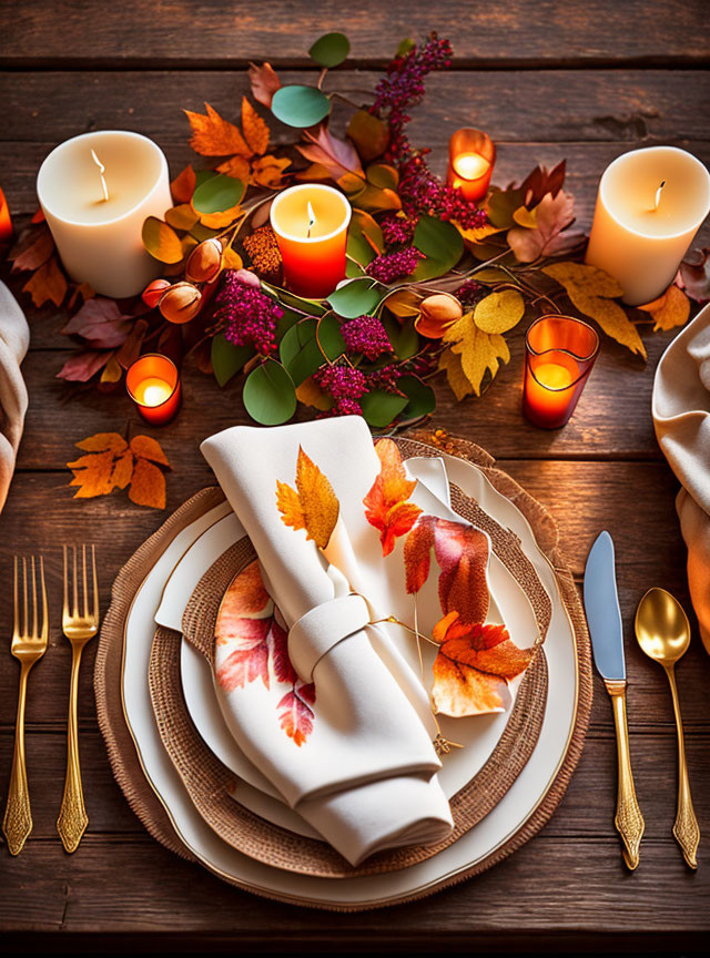 Autumn-themed table setting with candles, golden utensils, and fall leaf napkin on wooden table