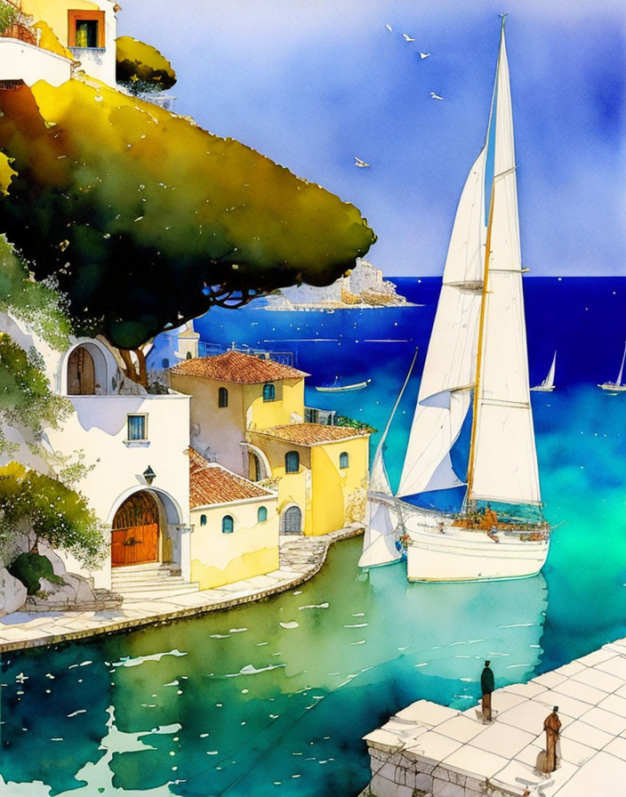 Colorful watercolor coastal scene with sailboat, buildings, tree, and people.