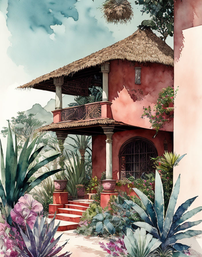 Rustic two-story house with thatched roof in watercolor