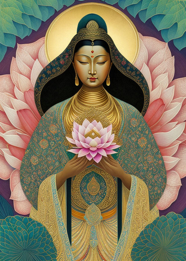 Buddhist deity with golden halo holding pink lotus surrounded by lotus flowers