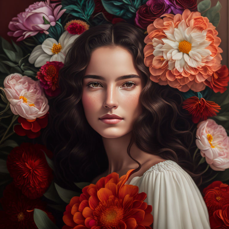 Colorful digital art portrait of woman with wavy hair and vibrant flowers in warm tones