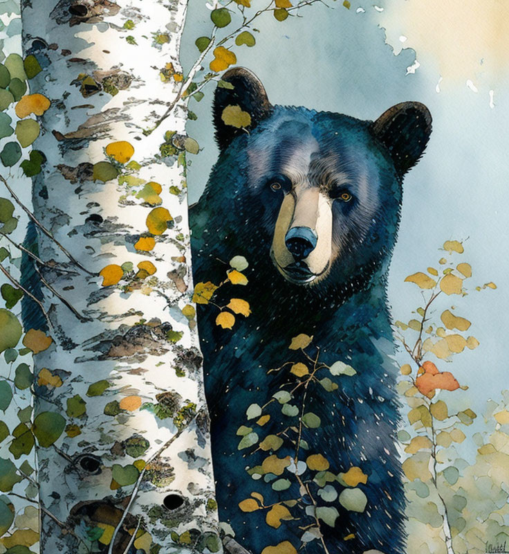 Bear Watercolor Painting Among Birch Trees and Foliage