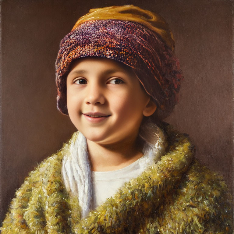 Smiling child in turban and green outfit styled like classical painting