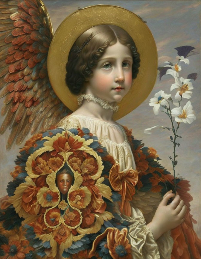 Young angel with halo, detailed wings, white flower, ornate floral garment, portrait medallion