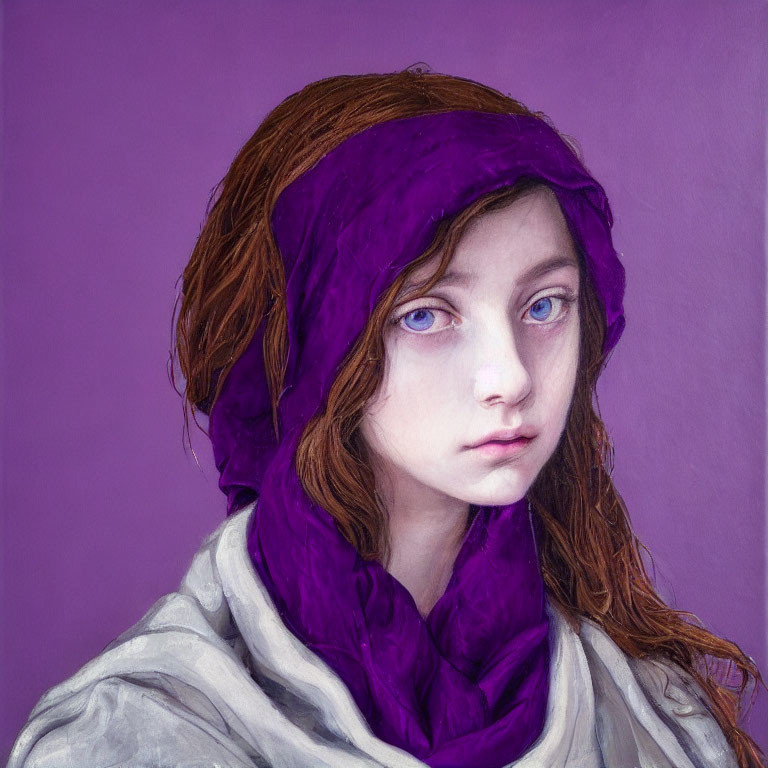 Person with Blue Eyes and Light Brown Hair in Purple Headscarf and Grey Outfit on Purple Background