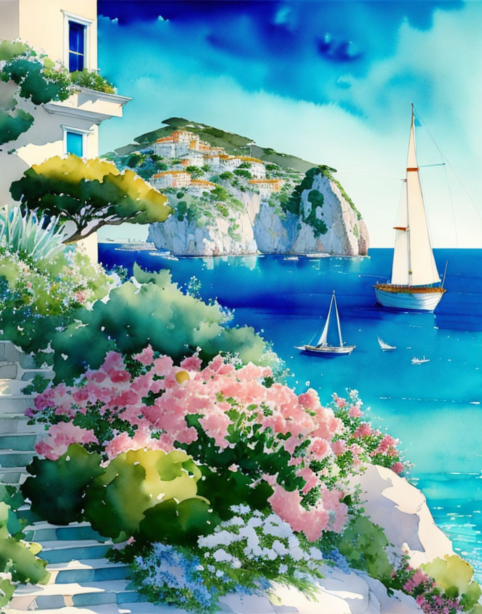 Seaside watercolor painting with sailboats and blooming flowers