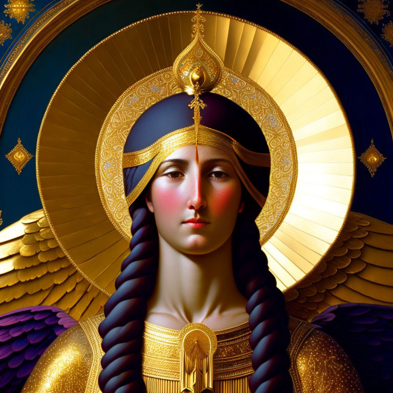 Regal figure with gold headdress and blue halo in mystical digital artwork