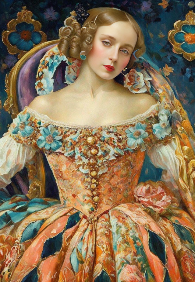 Fair-skinned woman in regal orange gown against blue and gold backdrop