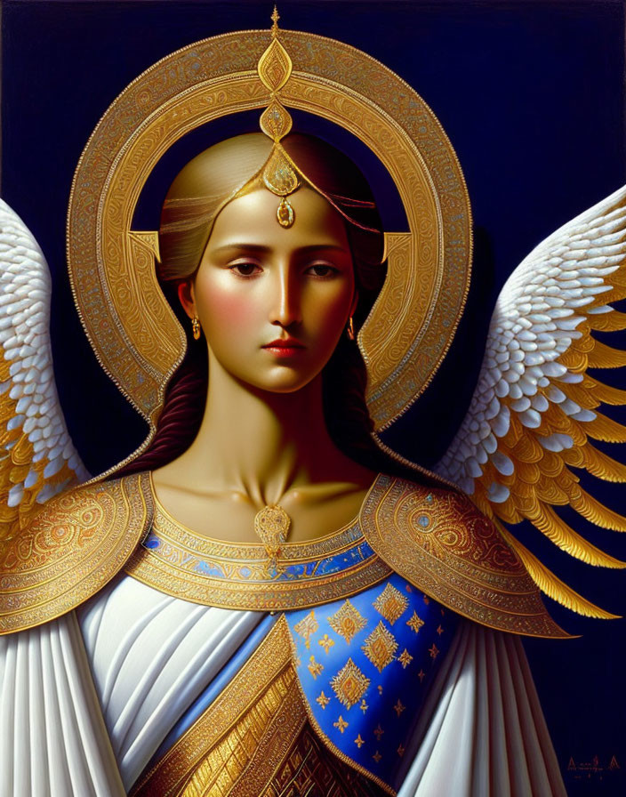 Golden-winged angel in ornate attire on dark background