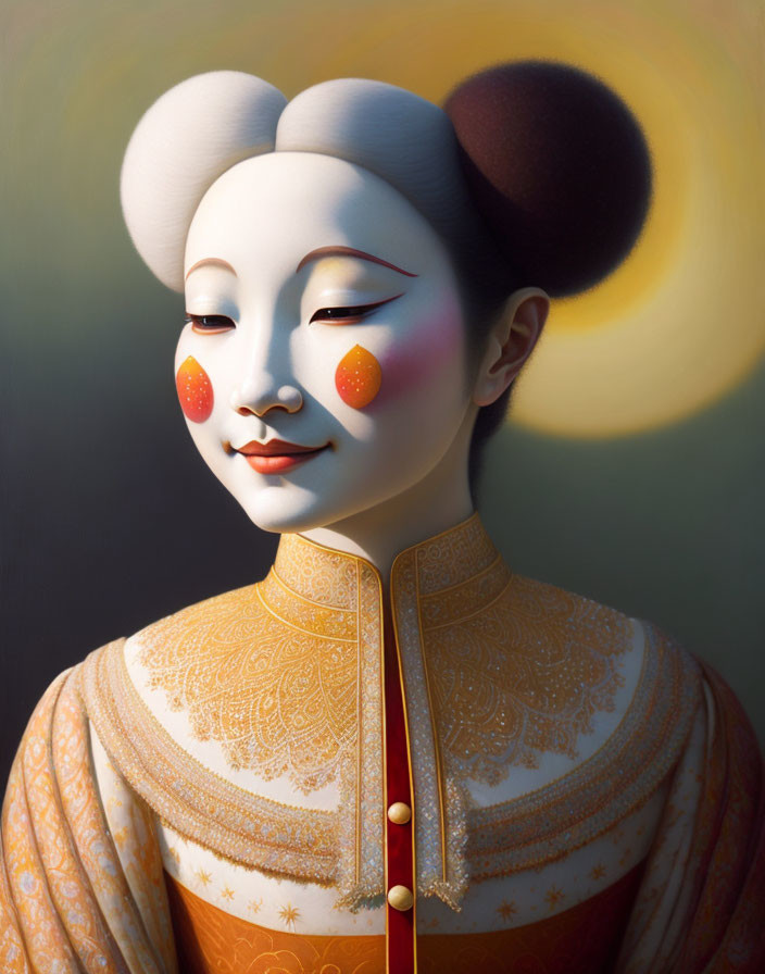 Traditional geisha portrait with white face and red accents on warm background