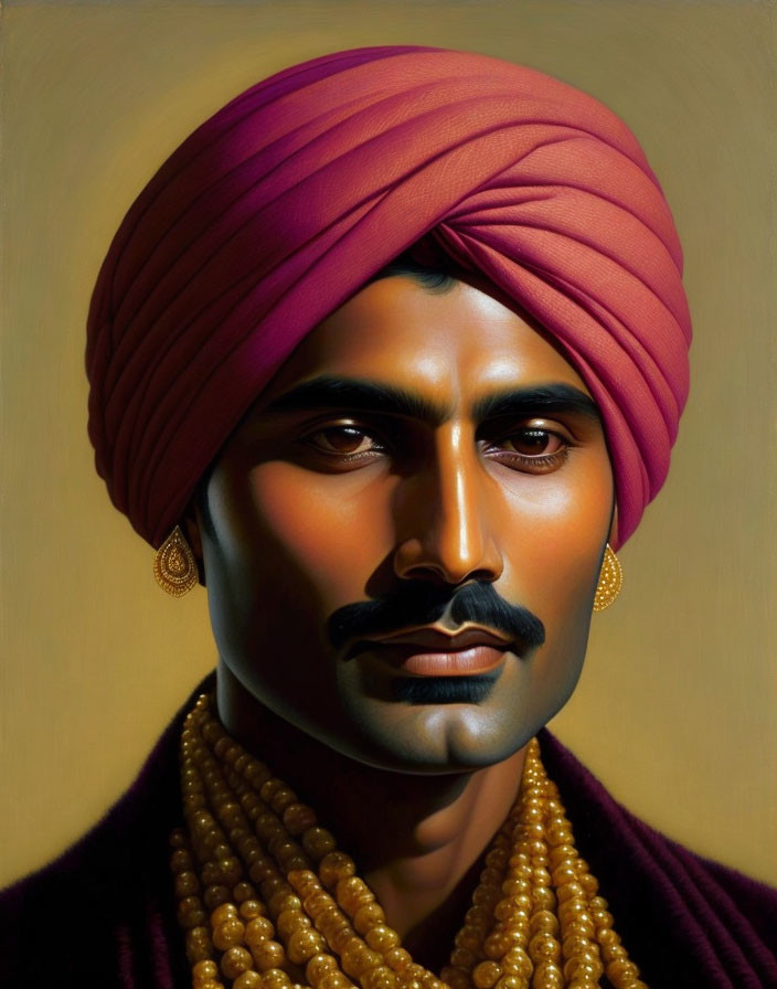 Man with Stylized Mustache in Pink Turban & Gold Earrings