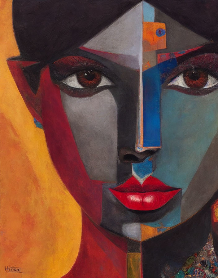 Vibrant cubist-style portrait of a woman with bold features