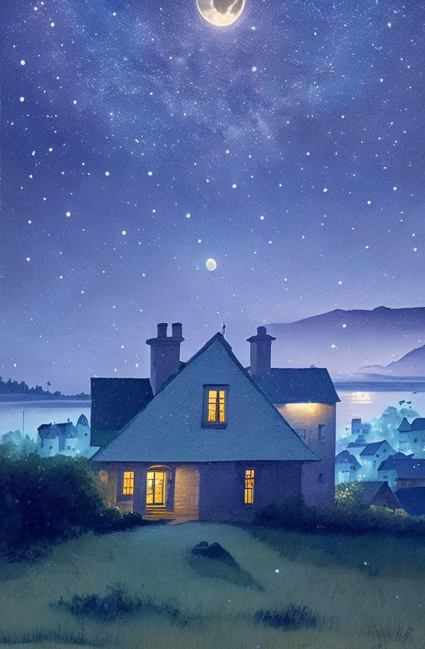 Cozy house with lit windows under starry night sky