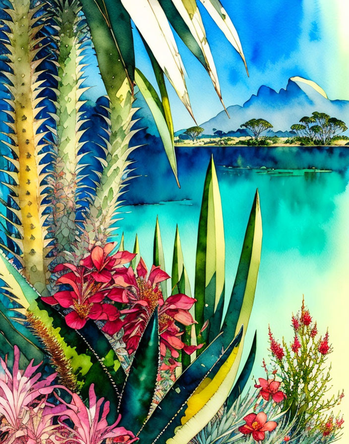 Colorful watercolor painting of tropical foliage, red flowers, lake, and mountains