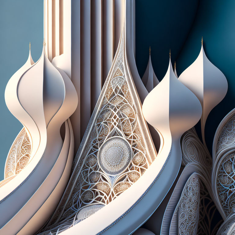 Architectural 3D Rendering with Ornamental Patterns in Cool Tones