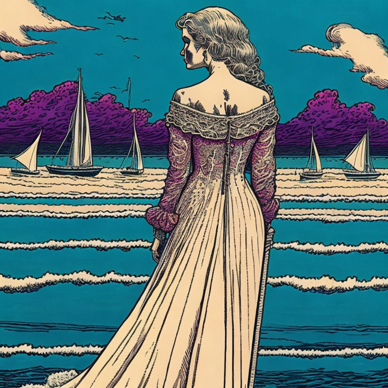 Vintage-style illustration: Woman in elegant dress gazes at sea with sailboats under cloudy sky