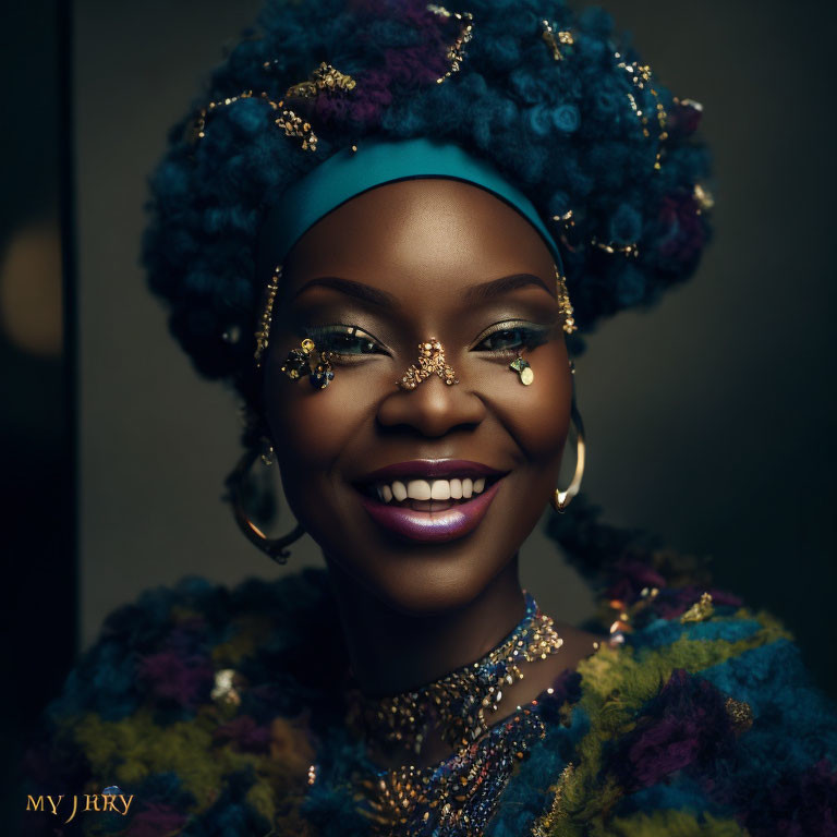 Vibrant blue-haired woman with golden accessories and colorful attire