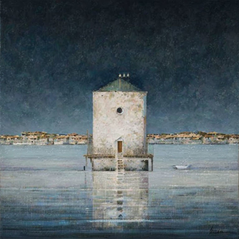 Isolated tower in reflective waters with boat and distant structures under moody sky