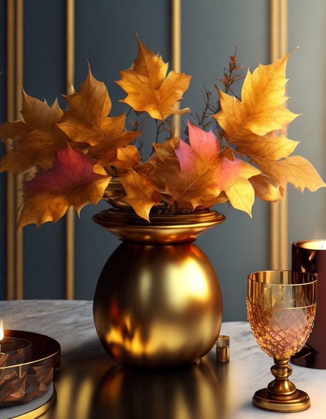 Autumn leaves in bronze vase with candle and glass on teal backdrop.