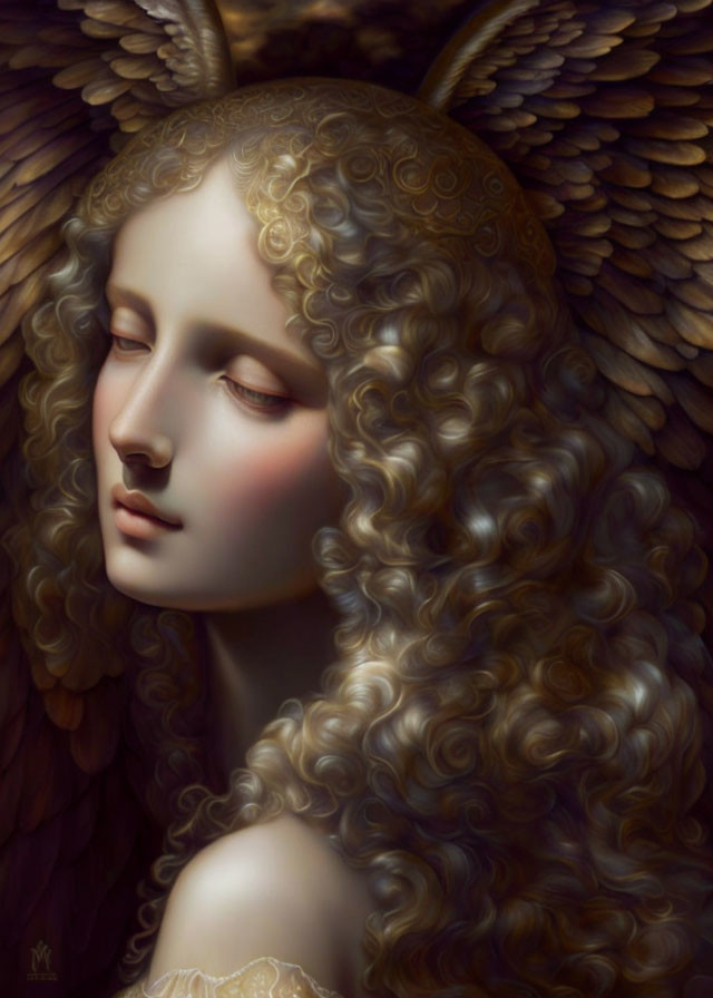 Serene portrait of person with angelic wings and blonde hair