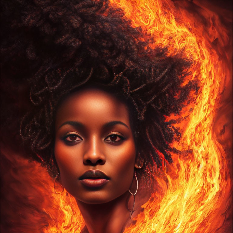 Dark Curly-Haired Woman Surrounded by Vibrant Flames