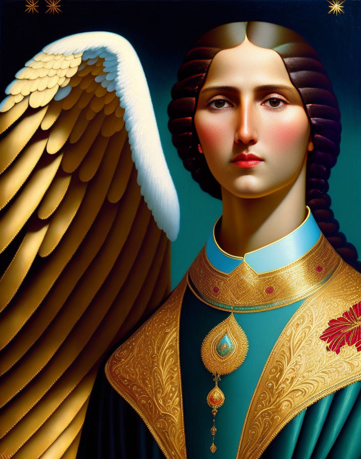 Serene angel figure in golden attire on starry blue background