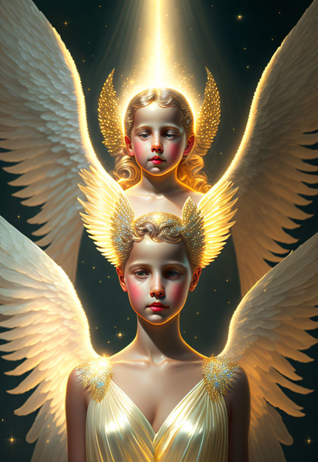 Ethereal beings with golden wings and halos on dark backdrop