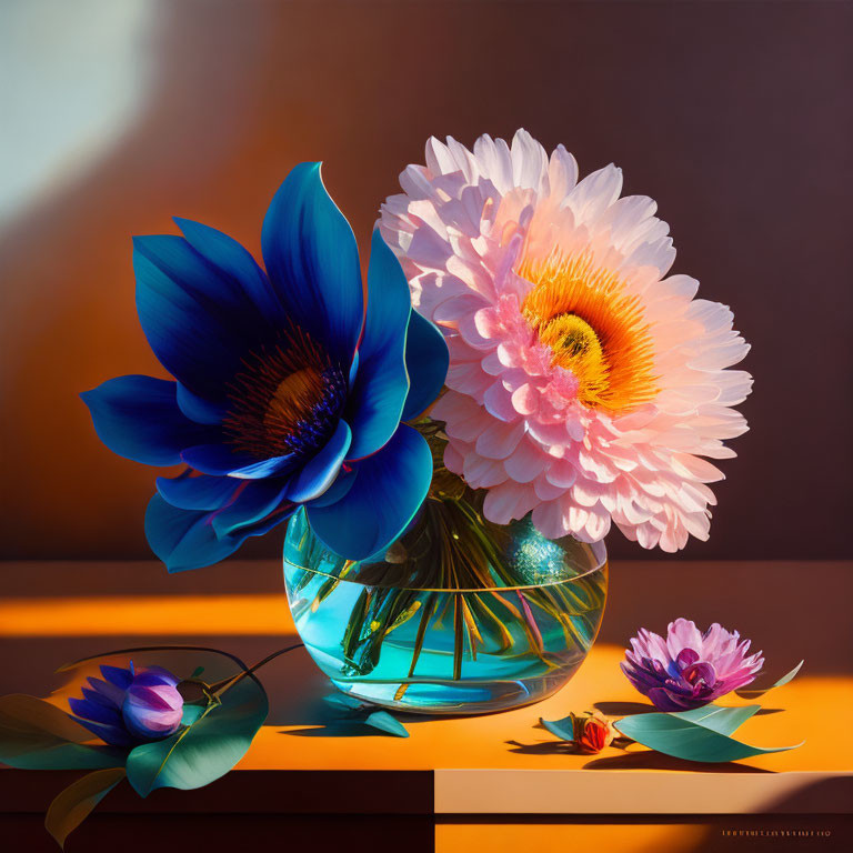 Colorful oversized paper flowers in glass vase with dramatic shadows.