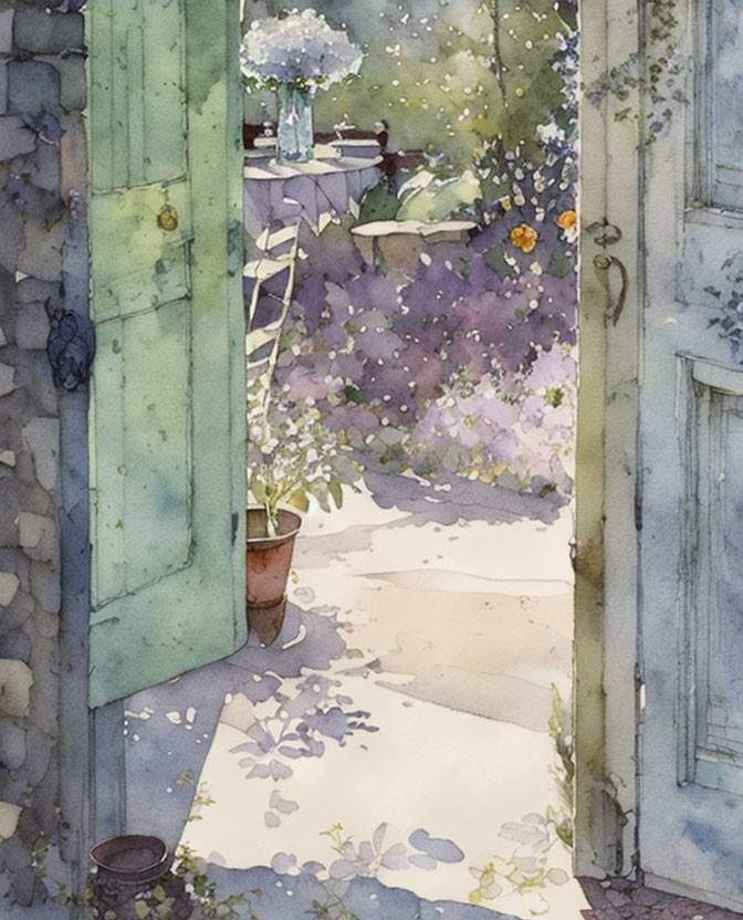 Tranquil watercolor: garden view through open door, lush greenery, potted plant