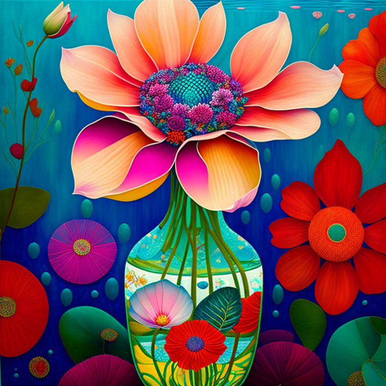 Colorful Flower Vase Digital Art with Blue Background