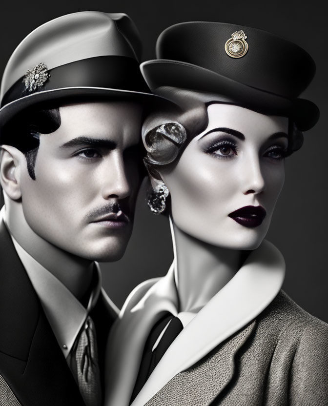 Vintage military-style hats on man and woman in sophisticated portrait