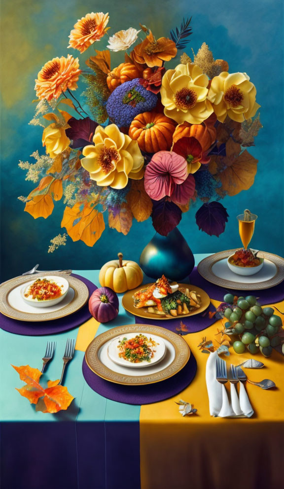 Vibrant Autumn Table Setting with Flowers, Pumpkins, Food, and Silverware