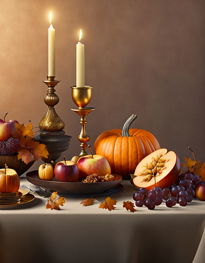 Autumnal still life with candles, pumpkin, apples, grapes, and fallen leaves