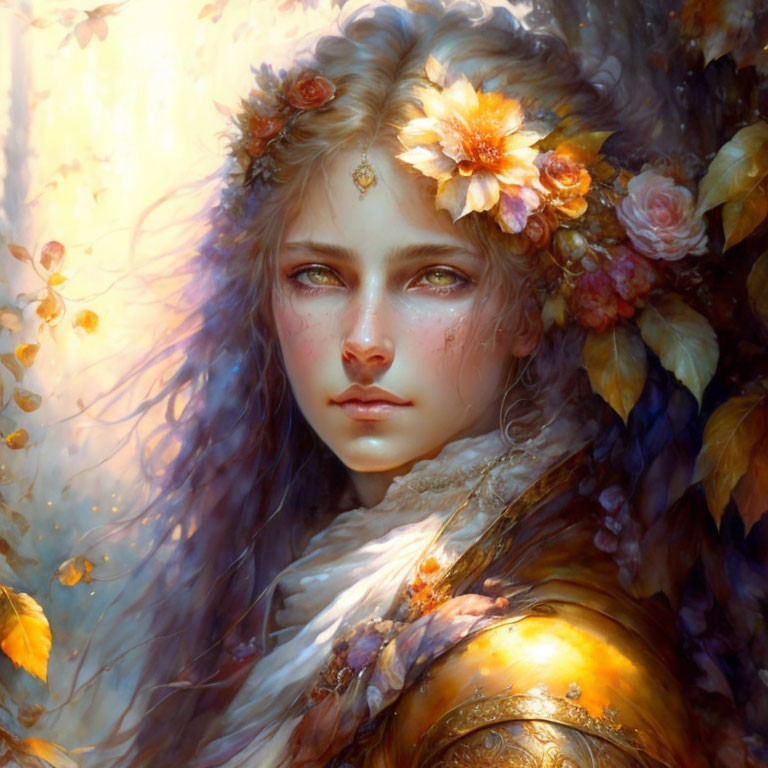 Digital painting of woman with flowers, golden attire, and ethereal glow on warm backdrop