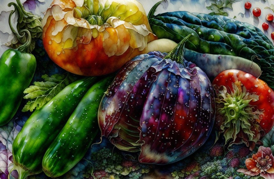 Vibrant hyper-realistic vegetable array with water droplets