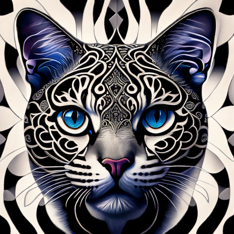 Stylized cat digital art with black and white patterns and blue eyes