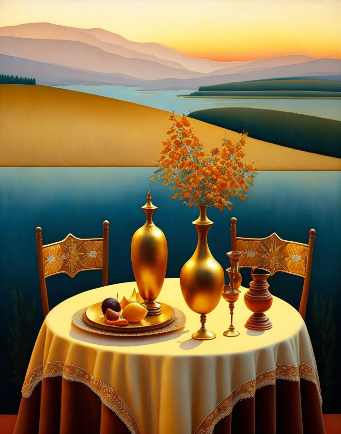 Sunset landscape with elegant table setting and orange tree