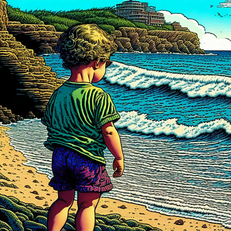 Child with curly hair on sandy beach watching waves and cliffs.