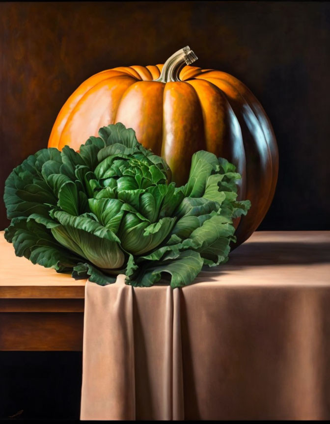 Plump orange pumpkin on draped cloth with green leafy vegetables on wooden table